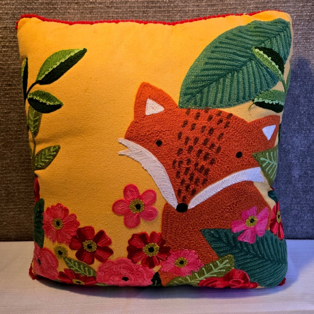 Karma Living Garden Fox Throw Pillow Embroidered Woodland Details Yellow
